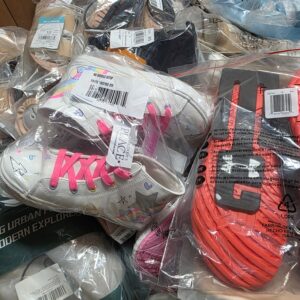 Bagged shoes pallet — single pallet of polybagged mixed-brand shoes including athletic, casual, dress, and sandal styles in mixed sizes and colorways