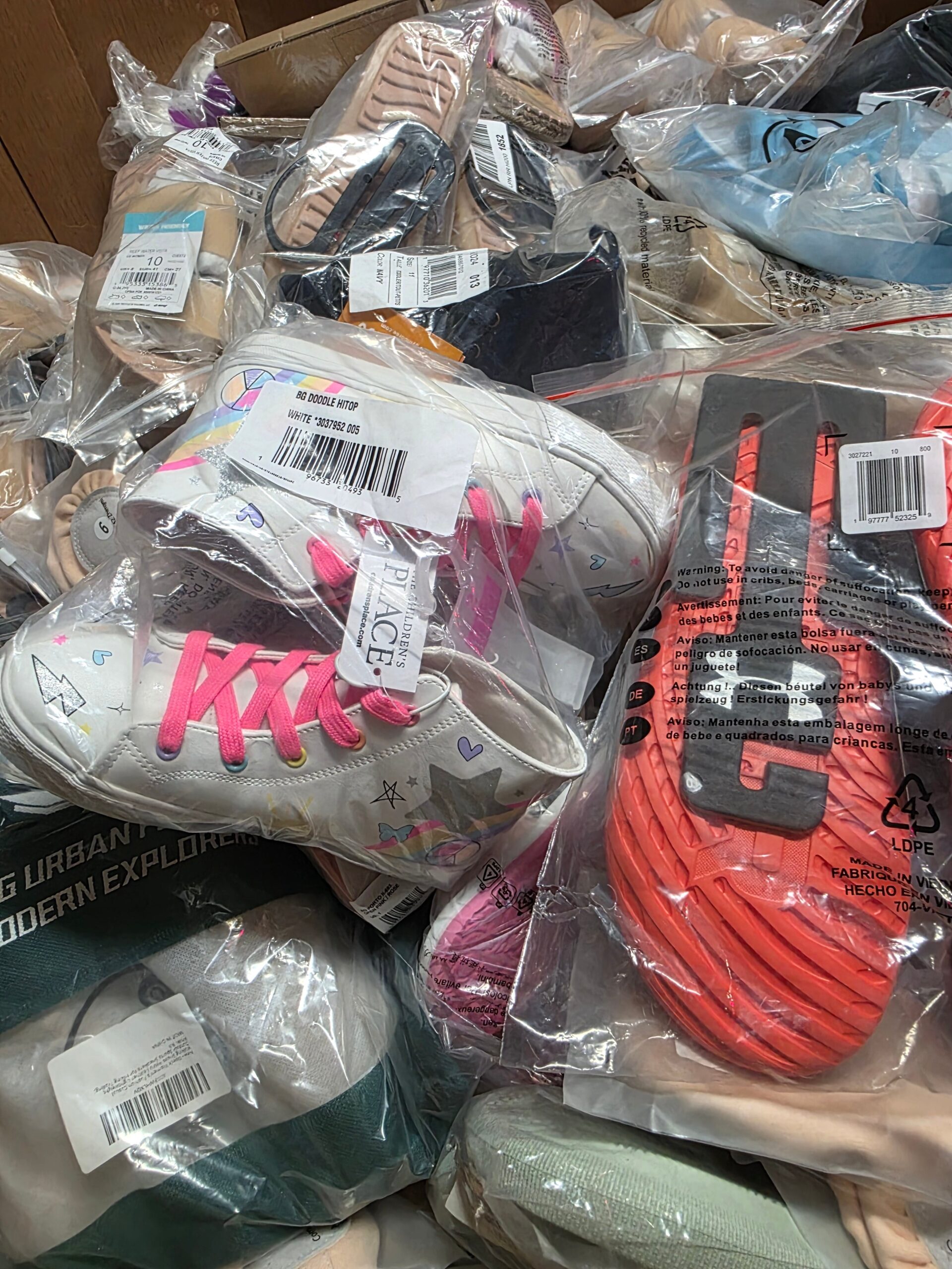 Bagged Shoe Pallets Bagged shoes pallet — single pallet of polybagged mixed-brand shoes including athletic, casual, dress, and sandal styles in mixed sizes and colorways