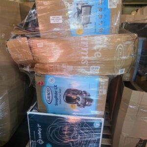Baby gear pallet — single pallet of mixed-brand baby gear including strollers, car seats, play yards, bouncers, baby carriers, and high chairs from Graco, Britax, Chicco