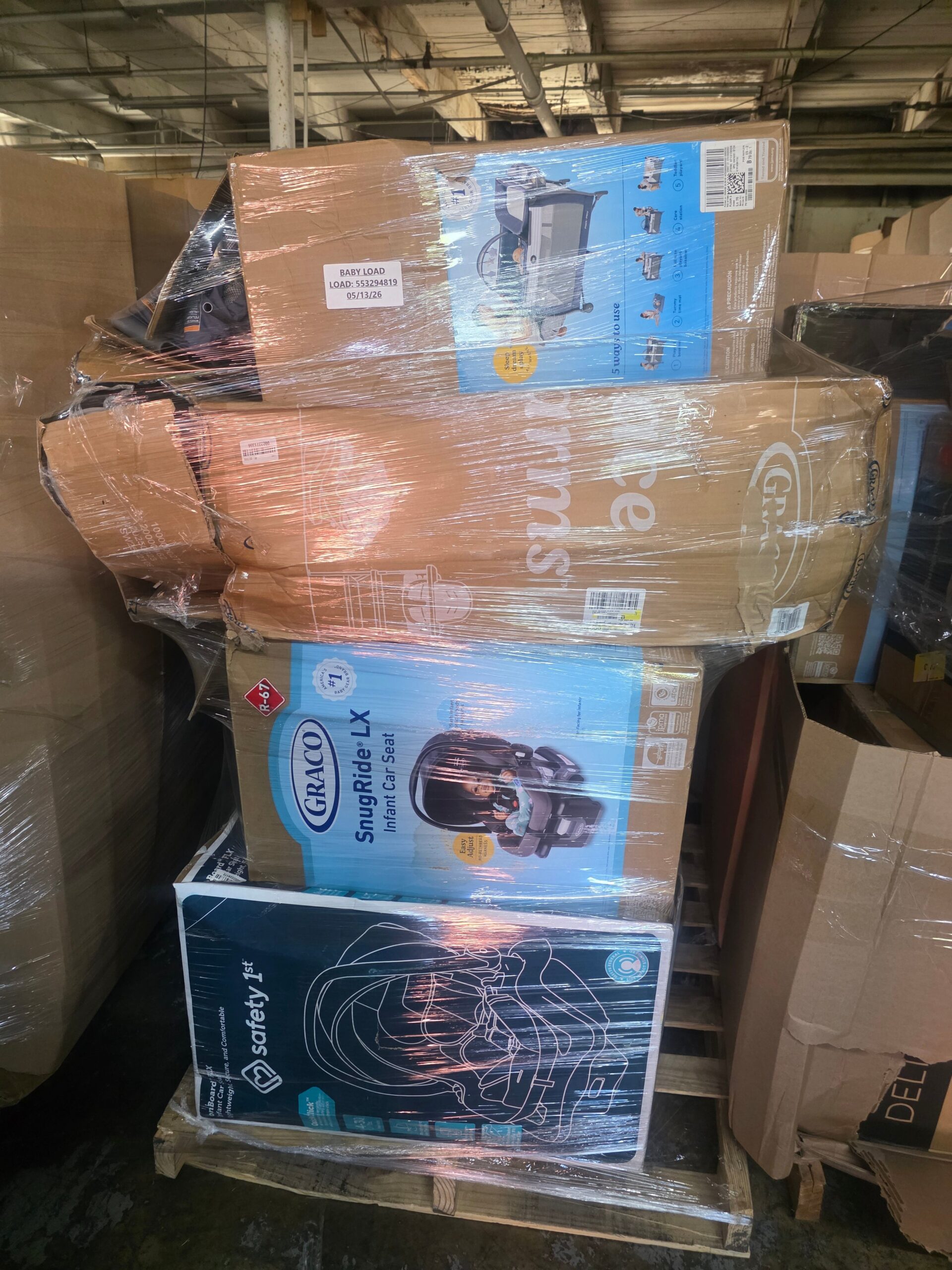 Baby Gear Pallets Baby gear pallet — single pallet of mixed-brand baby gear including strollers, car seats, play yards, bouncers, baby carriers, and high chairs from Graco, Britax, Chicco