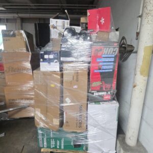 Mixed retailer tools pallet — single pallet of mixed-retailer tools and hardware overstock including hand tools, power tools, tool storage, and hardware from Home Depot, Lowes, Walmart, Amazon