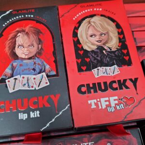 Glamlite Chucky lip kit lot of 52 Dangerous Duo licensed kits arranged for shipping from Save More Liquidations