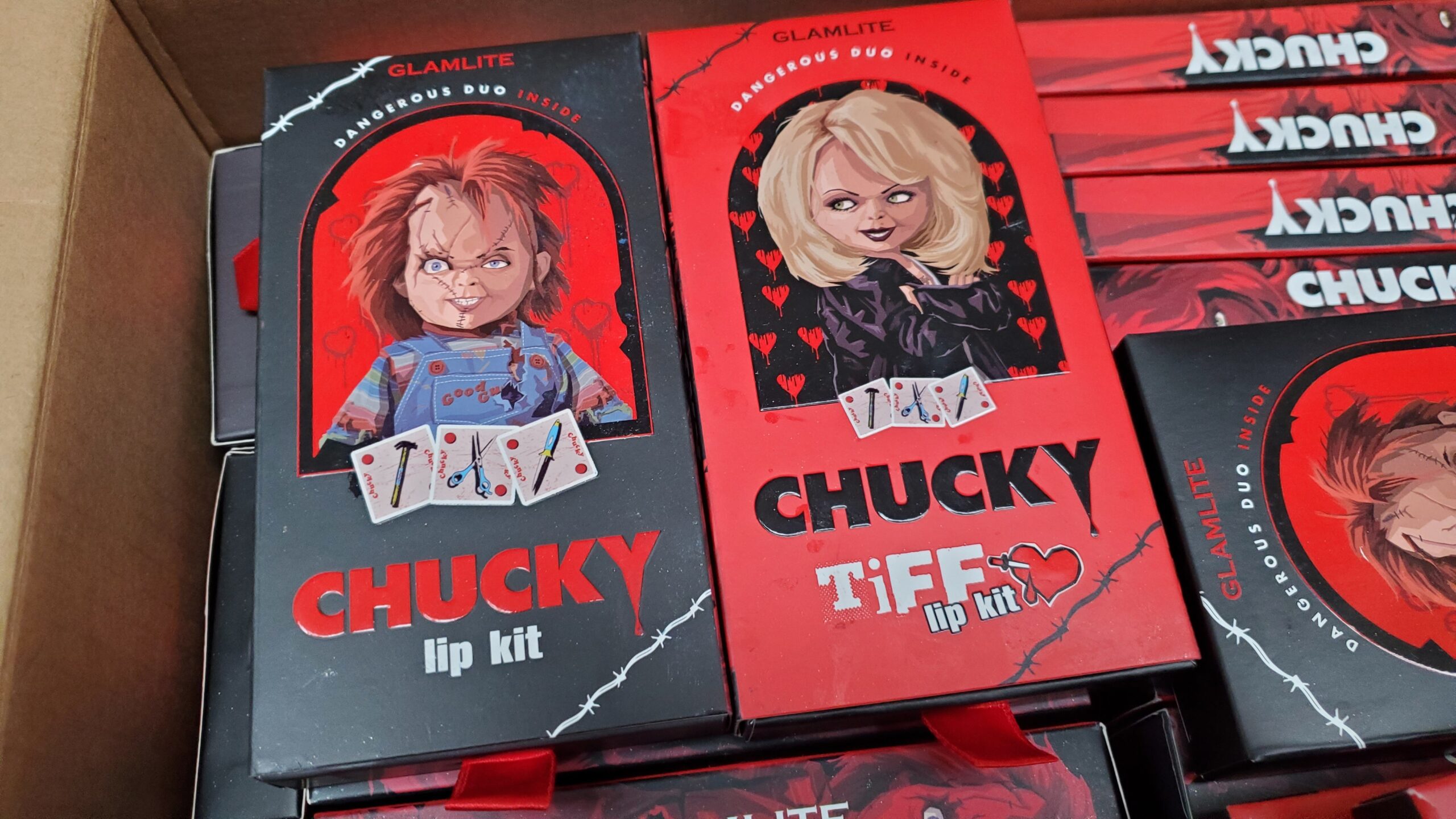 Lot of Chucky "Dangerous Duo" Lip Kits By Glamlite 52pcs Glamlite Chucky lip kit lot of 52 Dangerous Duo licensed kits arranged for shipping from Save More Liquidations