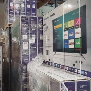 Hisense 4K TV pallet of Smart 75 inch televisions wrapped for shipping from Save More Liquidations