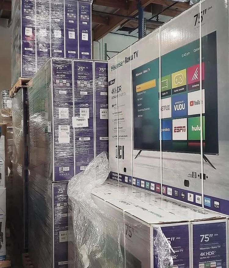 HISENSE Smart 75″ 4K TV Pallet Hisense 4K TV pallet of Smart 75 inch televisions wrapped for shipping from Save More Liquidations