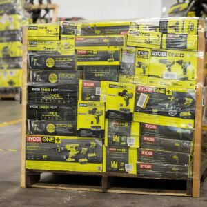 Home Depot tool pallets — wrapped pallet of 40-45 units of mixed Home Depot tools including Ryobi weedwhackers and pole saws, DeWalt blowers, Milwaukee tools, Ridgid products, hand tools, lawn and garden tools, power tools, and tool accessories