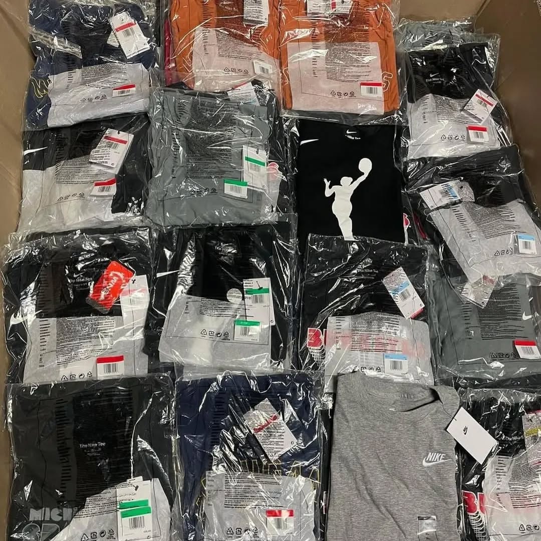 Nike Men’s Shirts Pallets – Wholesale Liquidation Nike men's shirts pallet — wrapped pallet of 250 to 600 brand new authentic Nike men's tops including Dri-FIT performance tees, graphic T-shirts, long-sleeve training tops, polos, and lifestyle crewnecks, folded and polybagged Grade A NWT condition