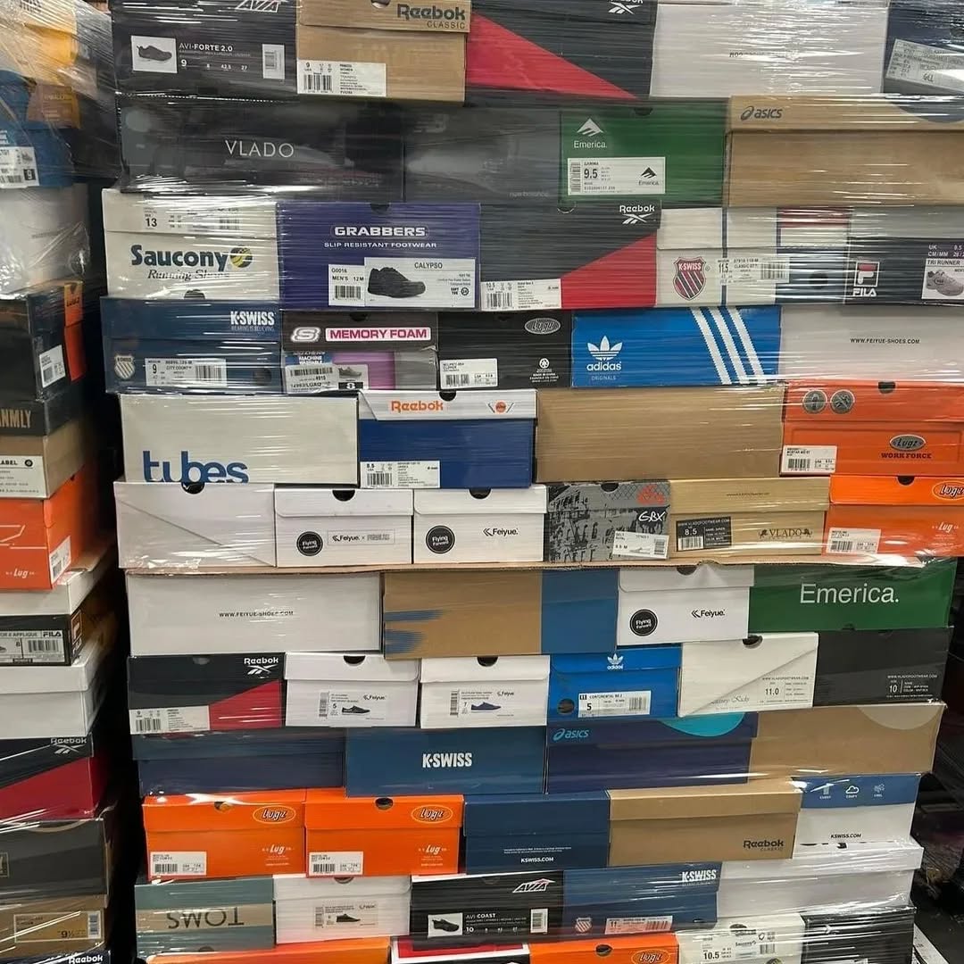 Mixed Shoes Pallet – Wholesale Mixed shoes pallet of assorted footwear wrapped for shipping from Save More Liquidations