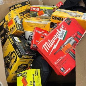 Power tools pallets of cordless and corded tools stacked for shipping from Save More Liquidations