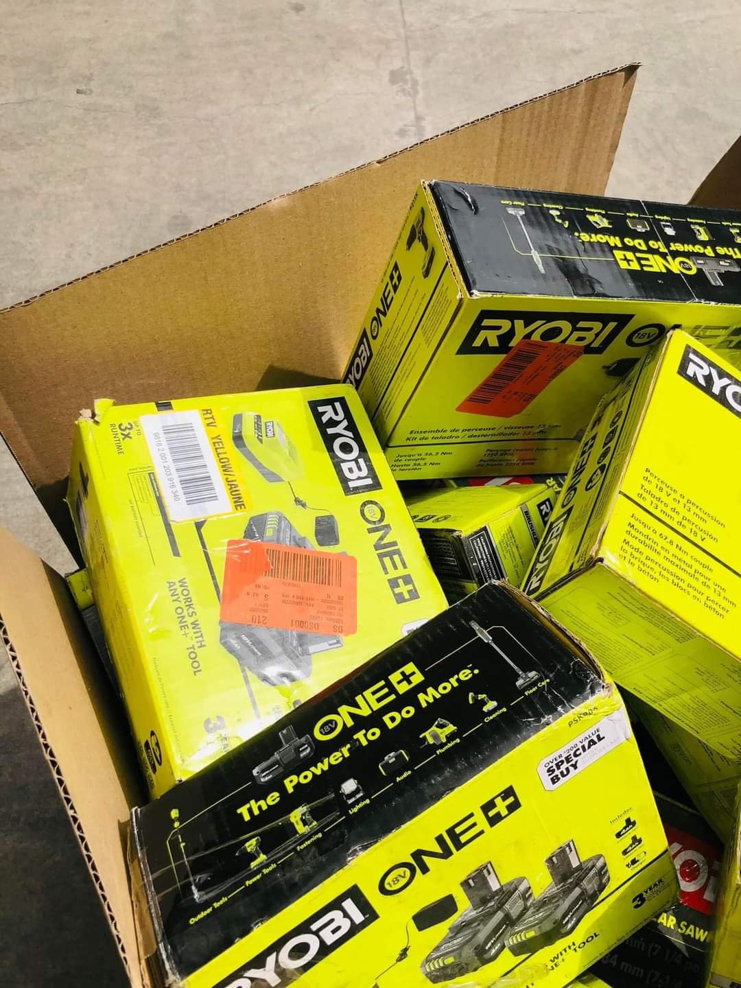 Buy Ryobi wholesale pallets Ryobi wholesale pallet of ONE+ tools and accessories stacked for shipping from Save More Liquidations