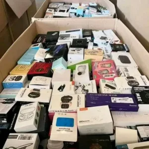 Amazon electronic devices pallet — wrapped pallet of authentic Amazon-branded electronics including Echo Dot, Echo Show, Echo Pop, Fire TV Stick, Fire TV Cube, Fire HD tablets, Kindle Paperwhite, Ring video doorbells, Blink security cameras, and eero mesh WiFi routers