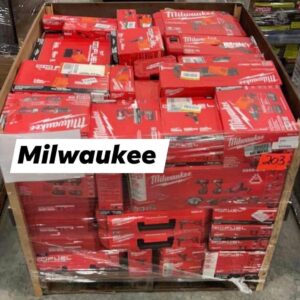 Milwaukee pallets for sale of M18 and M12 tools and accessories stacked for shipping from Save More Liquidations