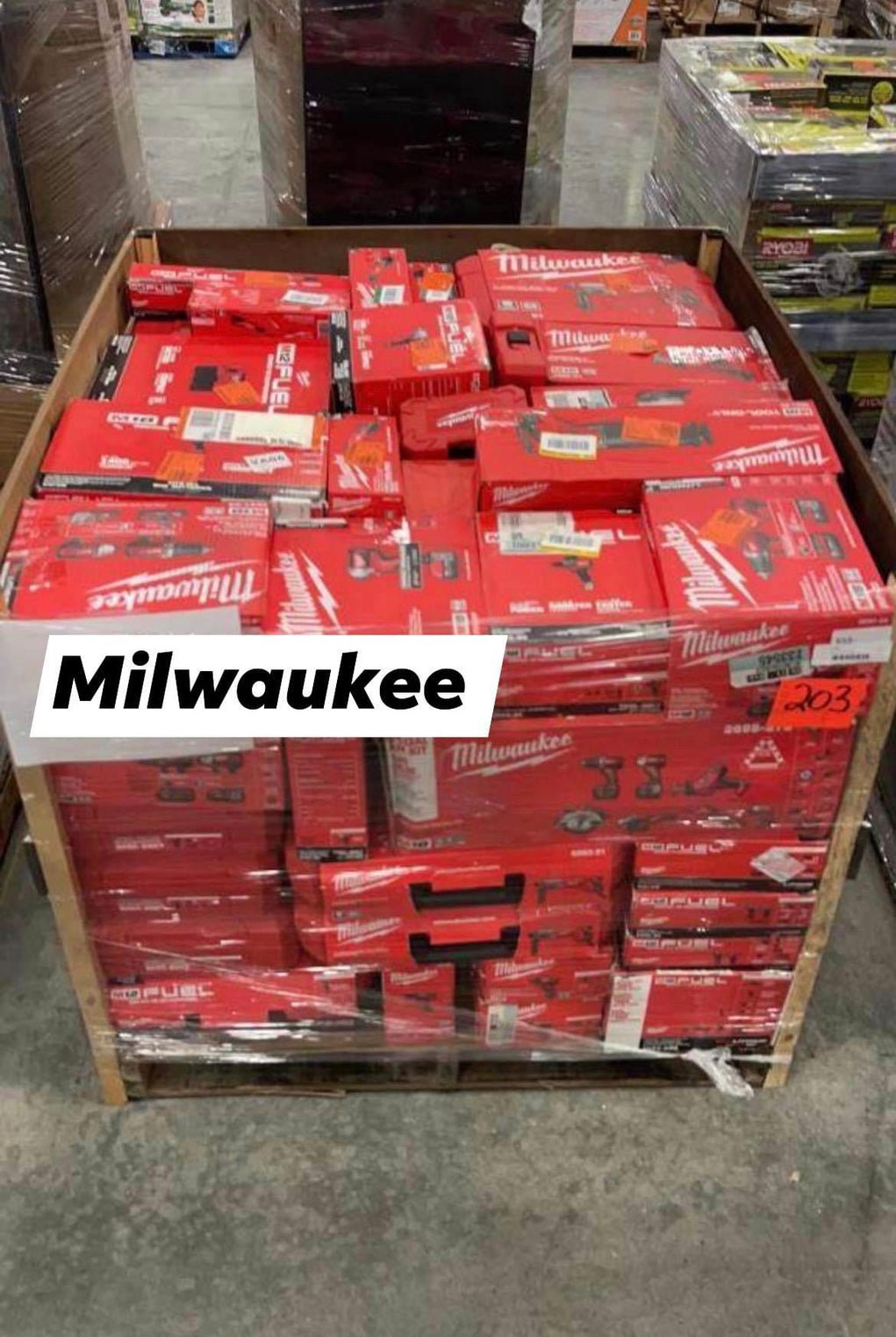 Milwaukee Pallets For Sale Milwaukee pallets for sale of M18 and M12 tools and accessories stacked for shipping from Save More Liquidations