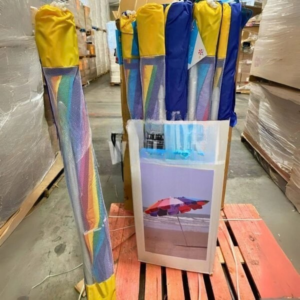 8FT beach umbrella pallet — 140-piece pallet of 8-foot diameter beach umbrellas with sand anchor and tilt mechanism in mixed colorways