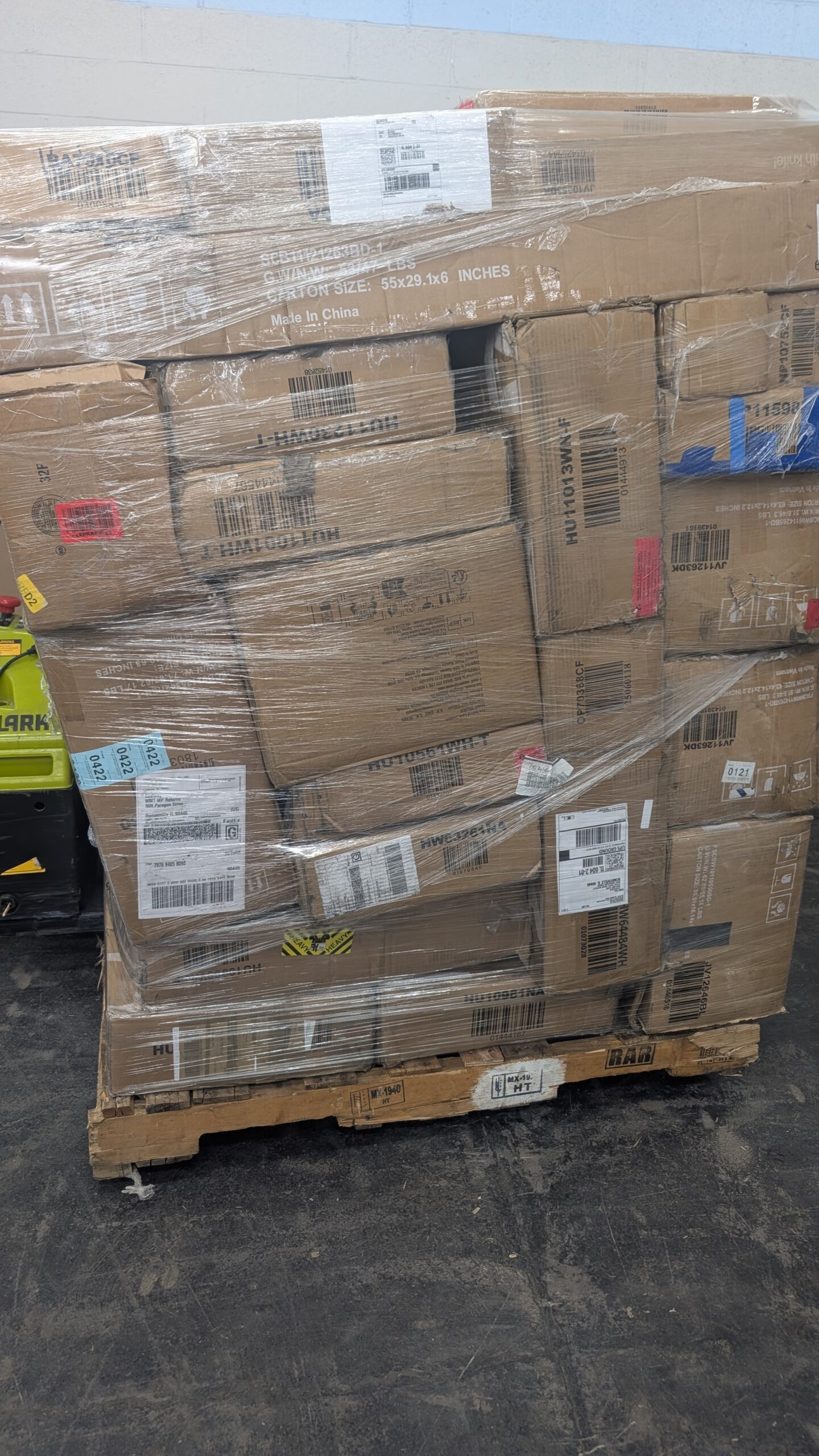 C-Way Double Pallet Q26 Large liquidation pallet of high-value mixed merchandise wrapped for shipping from Save More Liquidations