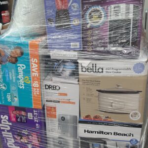 BJs stacked pallet of tall mixed general merchandise shrink-wrapped for shipping from Save More Liquidations
