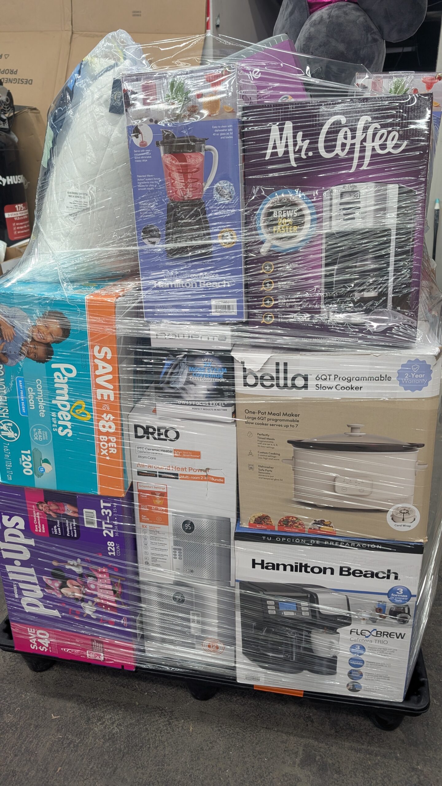 Bj’s Stacked #2 BJs stacked pallet of tall mixed general merchandise shrink-wrapped for shipping from Save More Liquidations