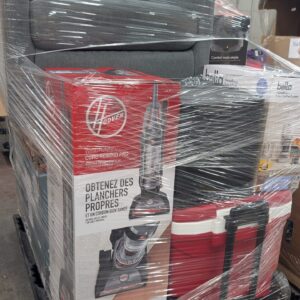 BJs stacked pallet of tall mixed general merchandise shrink-wrapped for shipping from Save More Liquidations