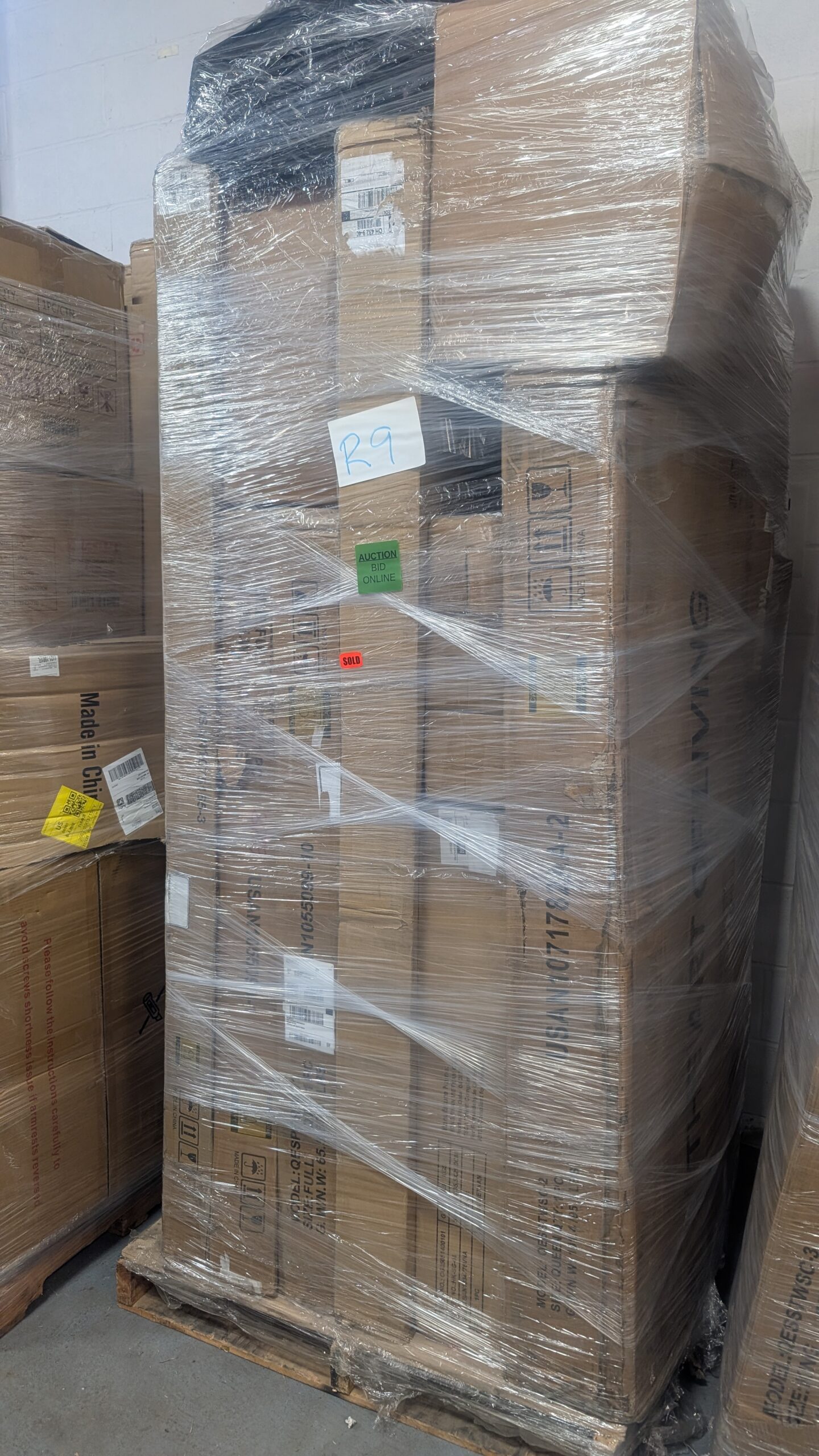 Furniture – R9 Furniture liquidation pallet of assorted home furnishings wrapped for shipping from Save More Liquidations
