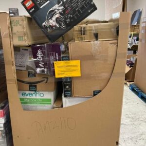 Amazon Mediums pallet — wrapped pallet of mixed Amazon medium-size returns inventory across general merchandise categories