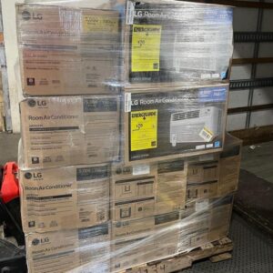 Air conditioner liquidation pallet of window and portable units wrapped for shipping from Save More Liquidations