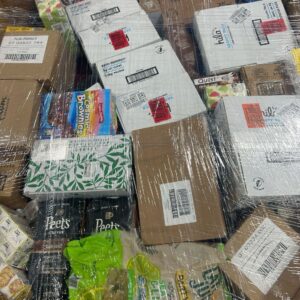 Amazon food pallet AMZF-2 — wrapped pallet of mixed Amazon food and beverage items packaged for pop-up event vendor resale