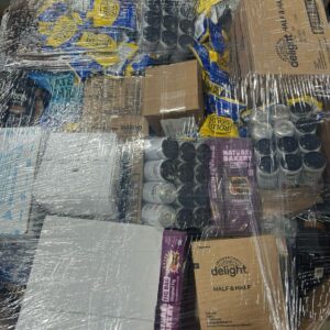 Amazon food pallet AMZF-4 — wrapped pallet of mixed Amazon food and beverage items packaged for flea market booth bundle resale