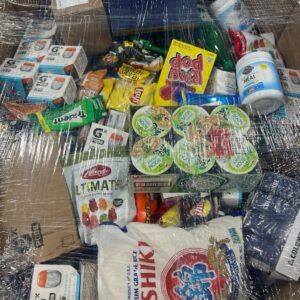 Amazon food pallet AMZF-6 — wrapped pallet of mixed Amazon pantry staples, dry goods, and shelf-stable food and beverage items