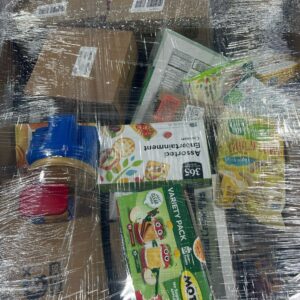 Amazon food pallet AMZF-7 — wrapped pallet of mixed Amazon food and beverage items including snacks, pantry products, and beverages
