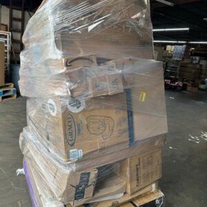 Amazon monster pallet — oversized 7-8 foot tall wrapped pallet of Amazon returns merchandise, dense piece count across mixed general merchandise categories
