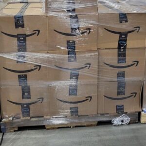 Amazon mystery box pallet — sealed Amazon mystery boxes stacked on a wrapped pallet, mixed retail SKUs from Amazon returns and overstock channels