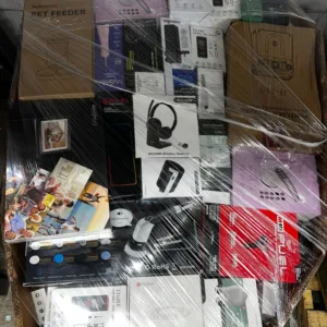 High count electronics pallet of mixed Amazon-returns gadgets wrapped for shipping from Save More Liquidations