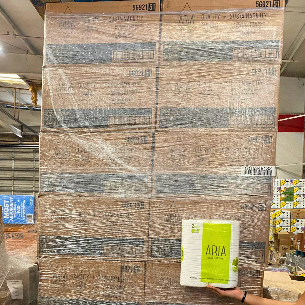 aria-2-rolls-138-sht-2-ply-192-pcs-pallet-pallet-liquidation-depot.webp ARIA toilet paper pallet — 280-piece pallet of ARIA brand 2-roll 138-sheet 2-ply bath tissue (560 rolls total) in original sealed packaging