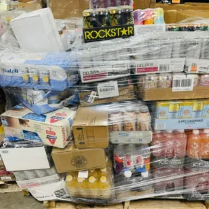 Beverages liquidation pallet of shelf-stable drinks wrapped for shipping from Save More Liquidations