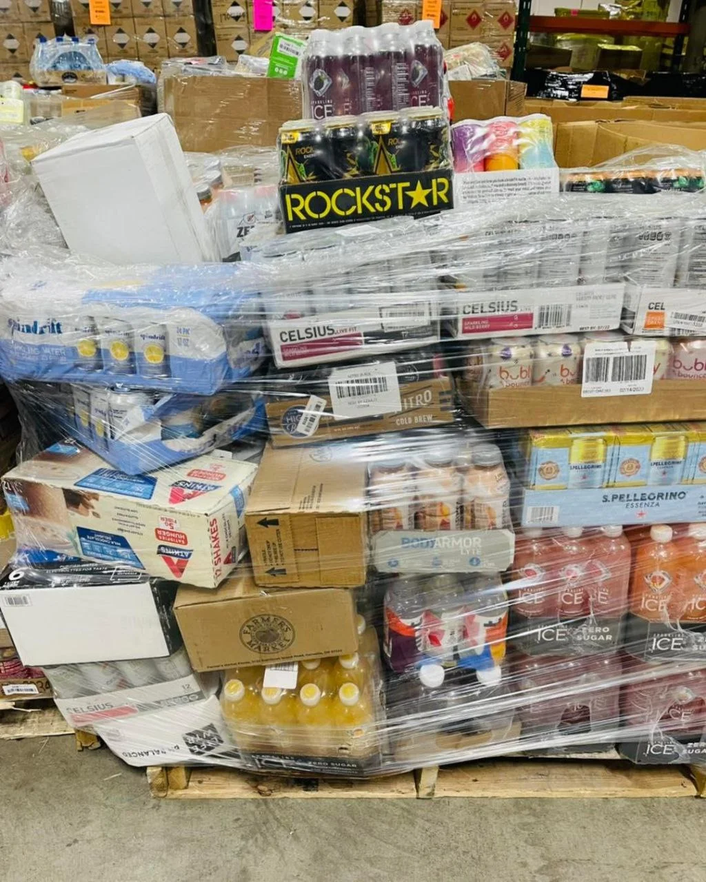Wholesale Beverages Liquidation Pallets Beverages liquidation pallet of shelf-stable drinks wrapped for shipping from Save More Liquidations