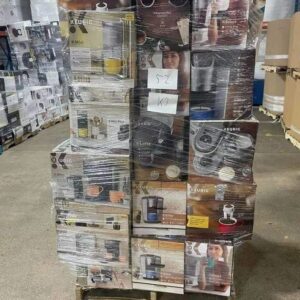 Kitchen appliances pallet — single pallet of mixed-brand small kitchen appliances including Instant Pot, Ninja, KitchenAid, Cuisinart, Keurig, Hamilton Beach