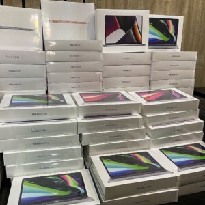 MacBook liquidation pallet of Apple laptops wrapped for shipping from Save More Liquidations