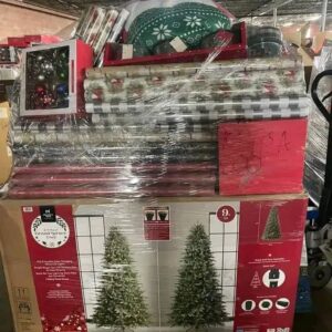 Christmas liquidation pallet — single pallet of seasonal Christmas inventory including ornaments, tree decor, indoor and outdoor holiday decor, apparel, and gift sets
