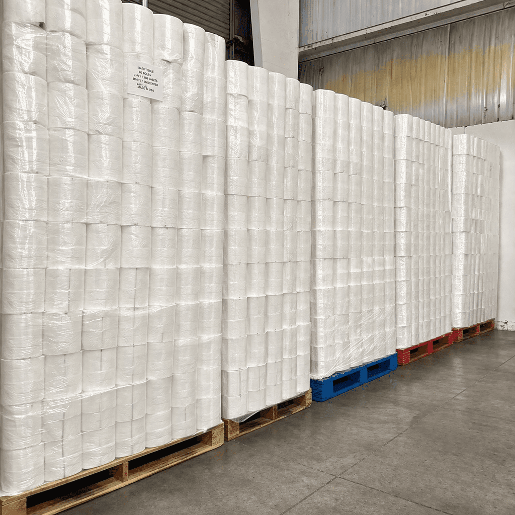 clearpack-toilet-paper-2400-pcs-per-pallet.png Clearpack toilet paper pallet — 2,400-piece pallet of Clearpack brand bath tissue in mixed roll-count packs with original sealed retail packaging