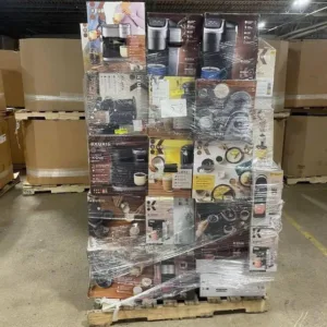 Coffee machine pallet of brewers and espresso makers wrapped for shipping from Save More Liquidations