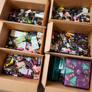 CVS cosmetic pallet — wrapped pallet of 2,851 pieces of CVS cosmetics and beauty including lipsticks, mascaras, skincare, and beauty tools