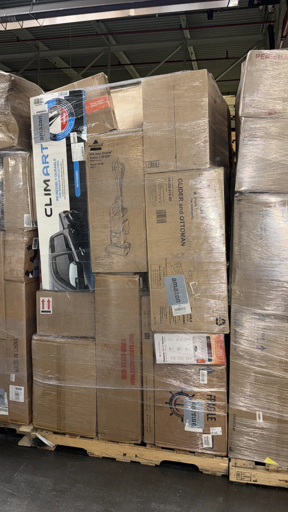 Amazon Monster 7ft Pallet – High-Count Wholesale Liquidation Pallet Amazon Monster 7ft pallet — 7-foot tall Gaylord box shrink-wrapped for transport containing 400 to 600+ assorted Amazon items across electronics, home goods, toys, tools, kitchenware, personal care, and seasonal merchandise, high-volume Amazon liquidation truckload format