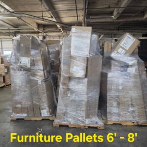 Furniture pallet 6ft-8ft tall — single tall vertical-stacked pallet of mixed-brand furniture including office chairs, gaming chairs, desks, bookcases