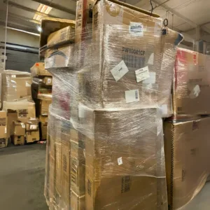 Furniwell truckload — 26 flat-pack pallets of Furniwell furniture including office chairs, gaming chairs, computer desks, bookcases, and storage