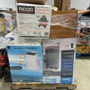 Home Depot HDTU pallet — wrapped pallet of mixed Home Depot tools, hardware, and utility merchandise from returns and overstock channels