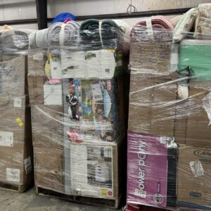 Target general merchandise truckload — 26 stacked 6-7 foot pallets of mixed Target GM in a warehouse staging area