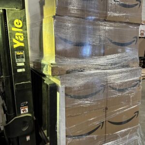 Amazon coffin box truckload — 24 pallets stacked with oversized 40x23x17 Amazon coffin mystery boxes ready for bin store inventory operations