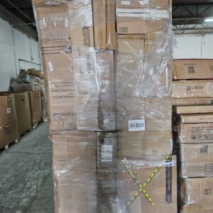 Undeliverable stacked pallet — single stacked-format pallet of mixed carrier undeliverable parcels from USPS, UPS, FedEx, and Amazon for mystery-package resellers