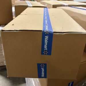 Walmart mystery coffin pallet — 6 oversized Walmart mystery coffin boxes stacked on a wrapped pallet, mixed Walmart general merchandise