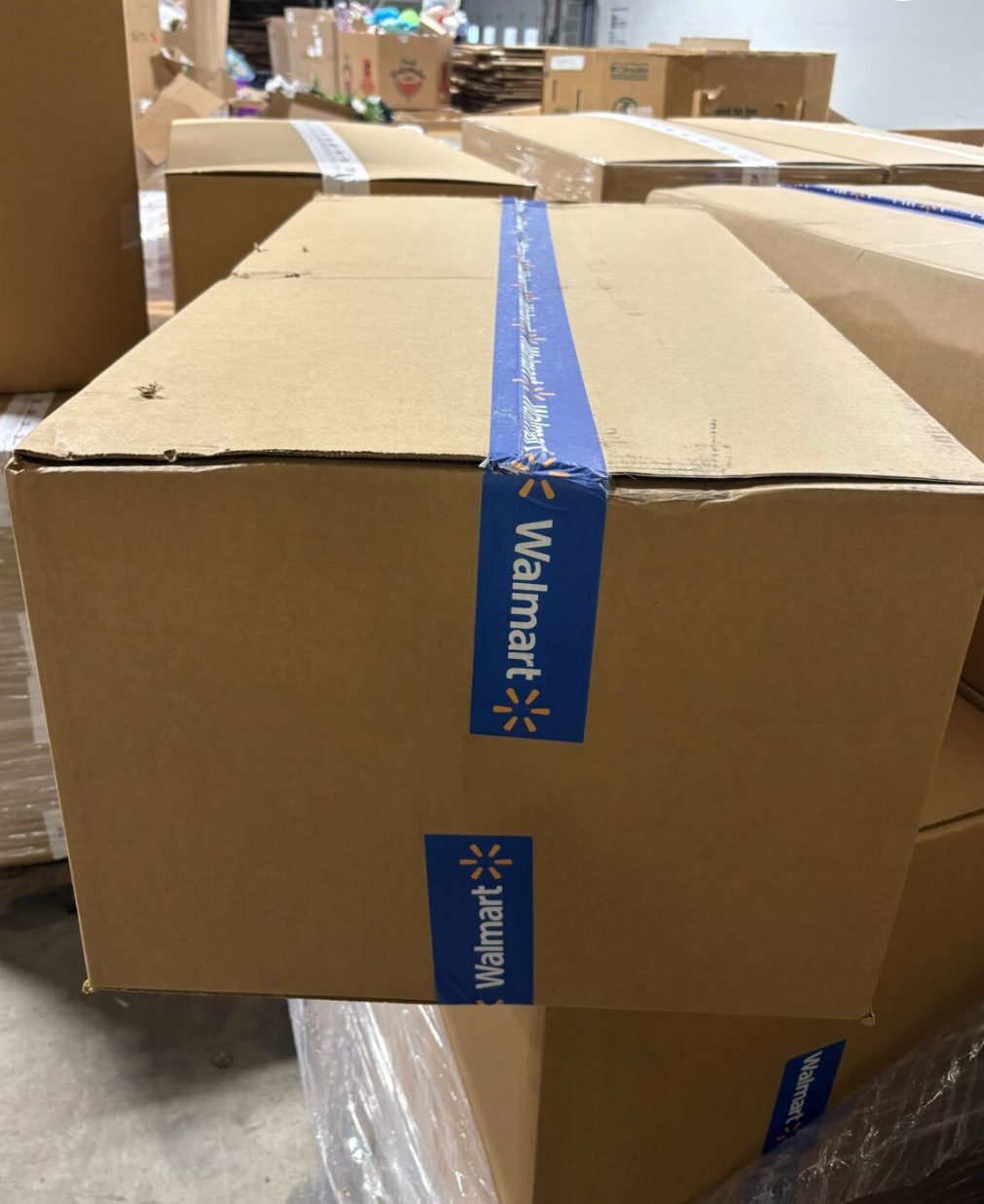 img_2376.jpeg Walmart mystery coffin pallet — 6 oversized Walmart mystery coffin boxes stacked on a wrapped pallet, mixed Walmart general merchandise